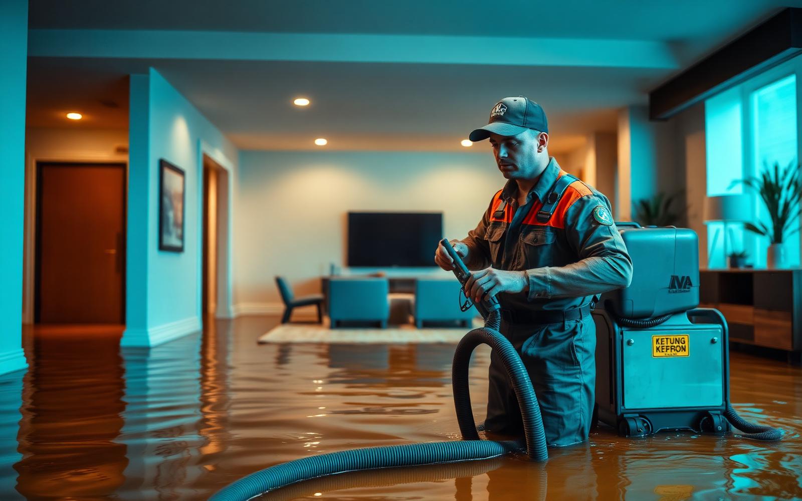 Restoration technician using industrial equipment in a flooded home