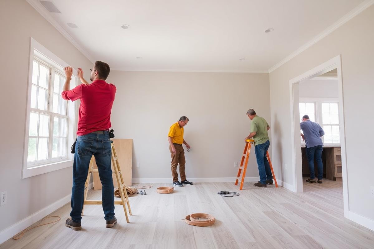 Restoration crew rebuilding a home interior after water damage