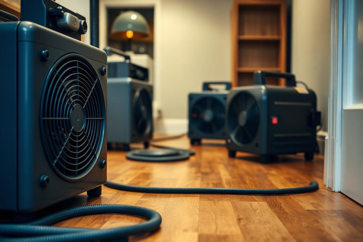 Industrial air movers and dehumidifiers drying a hardwood floor